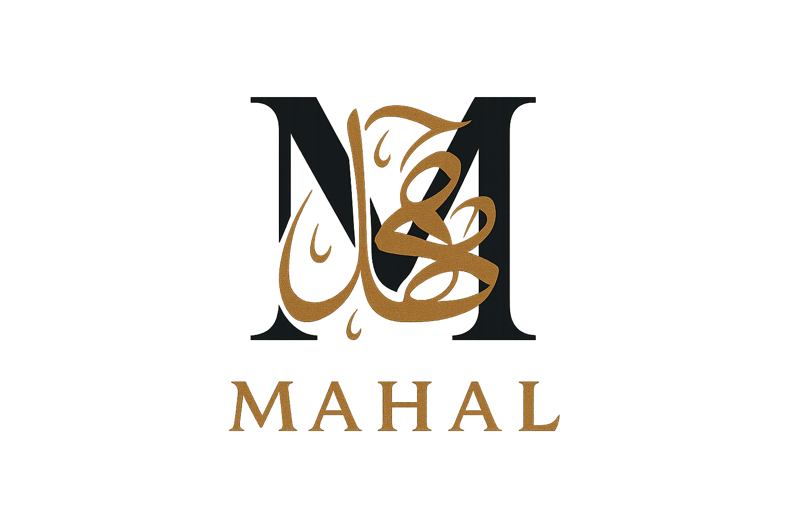 Logo of MAHAL with touch of arabic calligraphy and english letter M in black and bronze colour
